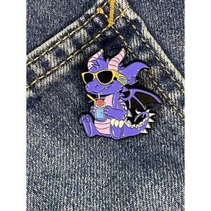 Purple Dragon Enamel Pin Sunglasses Drinking Soda Cute Cartoon Lapel Badge Gift